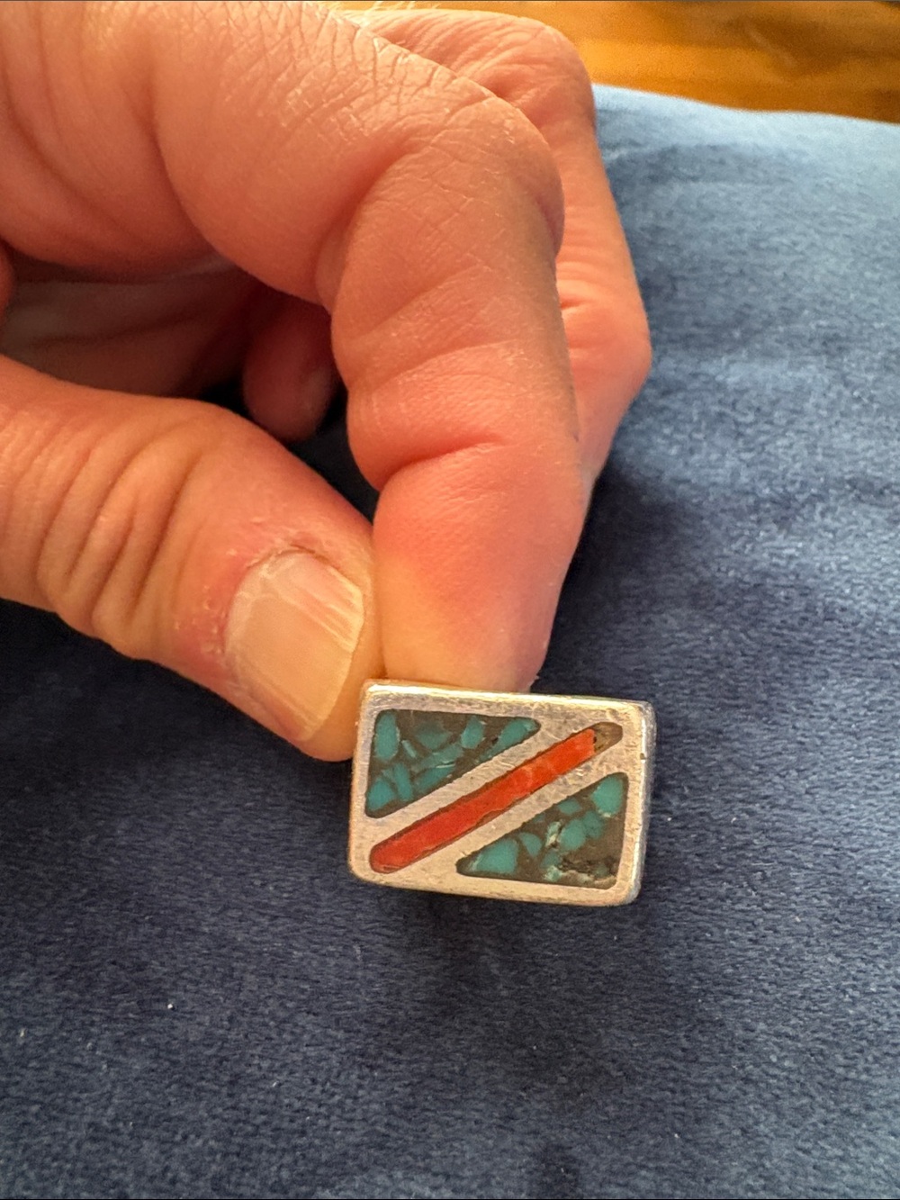 Sterling Silver Turquoise and Coral Inlay Rectangular Ring - Blue & Orange
